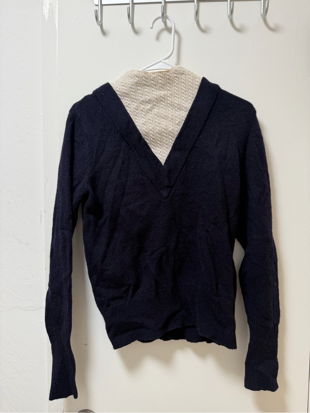 Sandro Navy V-Neck Sweater with Cream Knit Inset